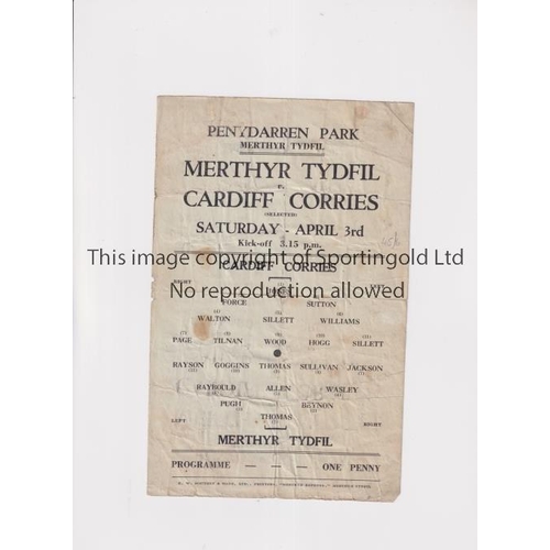 1571 - MERTHYR TYDFIL V CARDIFF CORINTHIANS SELECTED      Programme for the Friendly at Merthyr 3/4/1946, f... 