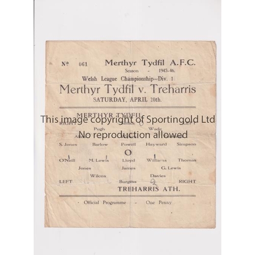 1572 - MERTHYR TYDFIL V TREHARRIS ATHLETIC 1946      Single sheet programme for the Welsh League match at M... 