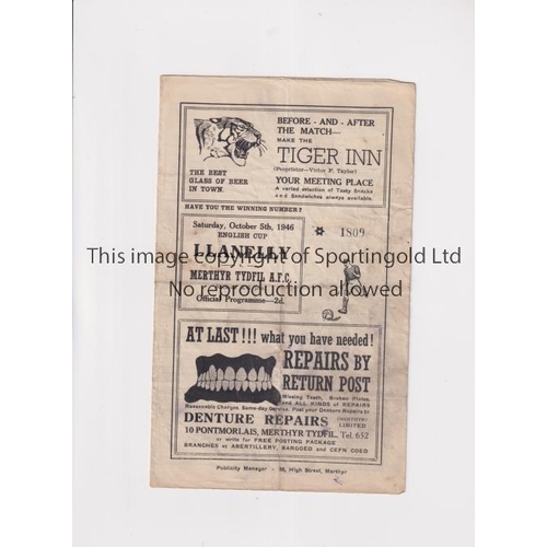 1574 - MERTHYR TYDFIL V LLANELLY 1946 ENGLISH FA CUP     Programme for the tie at Merthyr 5/10/1946, slight... 