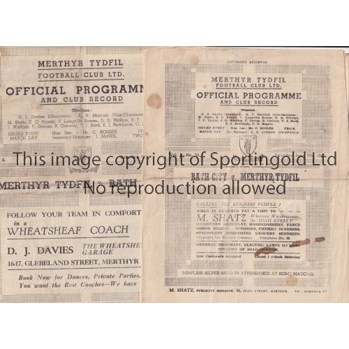 1580 - MERTHYR TYDFIL V BATH CITY     Two programme for matches at Merthyr 15/11/1946 FA Cup, folded in  fo... 