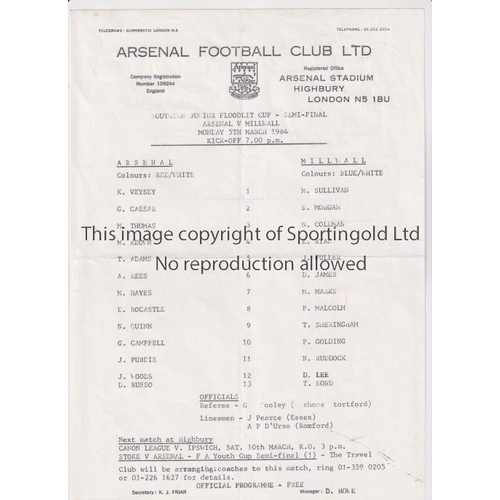 1641 - ARSENAL     Single sheet programme for the home SJFC Semi-Final v Millwall 5/3/1984, slightly crease... 