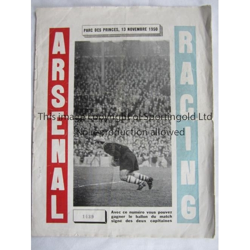 1643 - ARSENAL    Programme for the away Friendly v Racing Paris 13/11/1950. heavy horizontal fold and slig... 