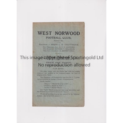 1653 - WEST NORWOOD V LONDON CALEDONIANS 1921     Programme for the Isthmian League match at West Norwood 1... 