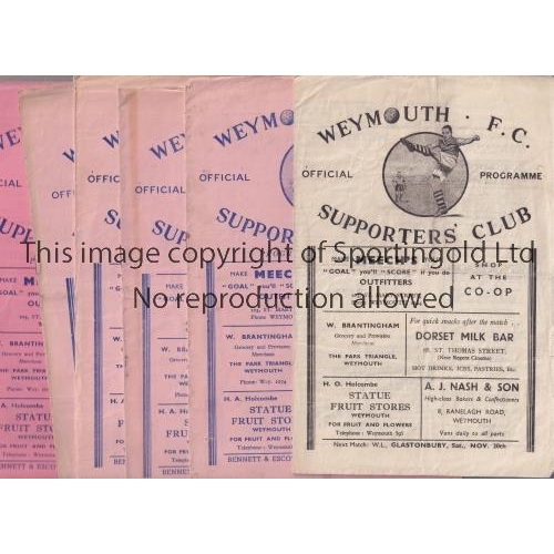 1657 - WEYMOUTH F.C.     Six home programmes v Trowbridge 48/9 FA Cup, Tonbridge 49/50 SL, Wells City 49/50... 