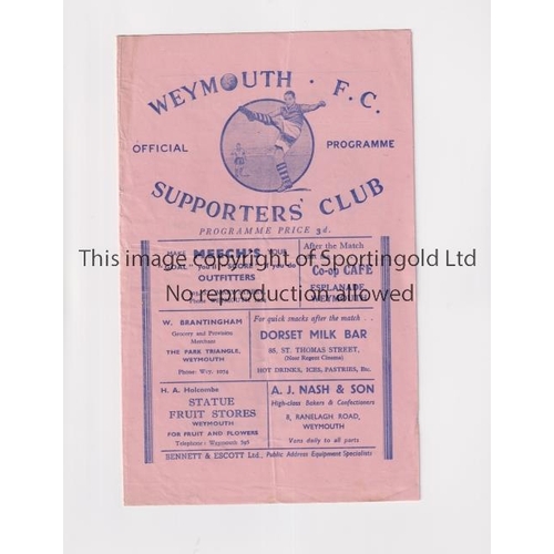 1658 - WEYMOUTH V ALDERSHOT 1949 FA CUP     Programme for the tie at Weymouth 26/11/1949, slightly creased.... 