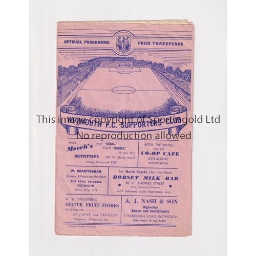 1659 - WEYMOUTH V EXETER CITY 1952 FA CUP     Programme for the tie at Weymouth 12/4/1952, creased.      Ge... 