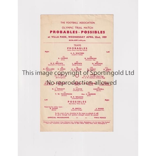 1694 - 1959 OLYMPIC TRIAL MATCH AT VILLA PARK      Single card programme for Probables v Possibles 22/4/195... 