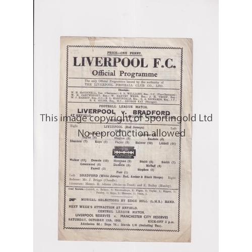 1698 - LIVERPOOL V BRADFORD PARK AVENUE 1945     Single sheet programme for the FL North match at Liverpool... 