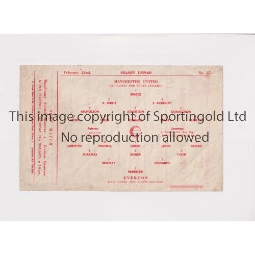 1700 - 1960 LANCS. LEAGUE DIV. II SUPPLEMENTARY CUP FINAL / MANCHESTER UNITED V EVERTON    Single sheet and... 