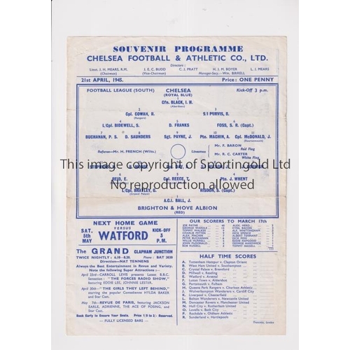 216 - CHELSEA      Single sheet programme for the home FL South match v Brighton 21/4/1945, minor tears al... 