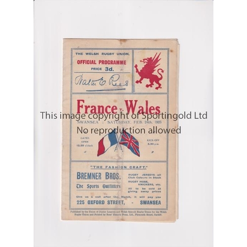 292 - RUGBY UNION 1923 WALES V FRANCE   Programme for the match at Swansea on 24/2/1923. Neat professional... 