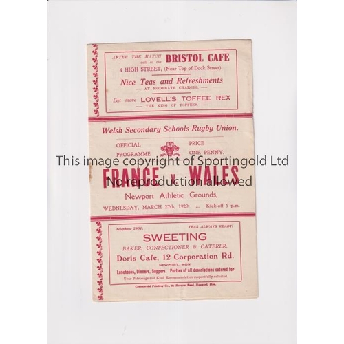 304 - RUGBY UNION 1929 WALES V FRANCE SCHOOLS   Programme for the schools international at Newport on 27/3... 