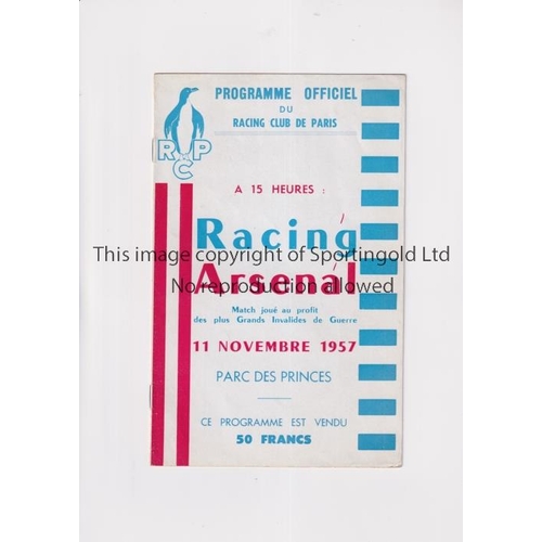 346 - ARSENAL      Programme for the away Friendly v Racing Paris 11/11/1957, score on the cover, team cha... 