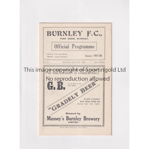 378 - BURNLEY RESERVES V BOLTON WANDERERS 1938      Programme for the Central League match at Burnley 30/4... 