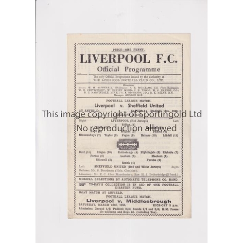 432 - LIVERPOOL V SHEFFIELD UNITED 1946             Programme for the league match at Liverpool 16/3/1946.... 