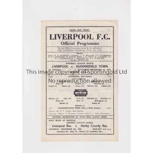 433 - LIVERPOOL V HUDDERSFIELD TOWN 1945        Programme for the league match at Liverpool 1/12/1945. Sli... 