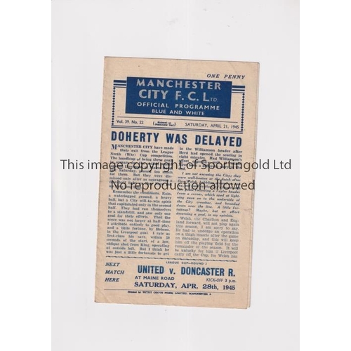 447 - MANCHESTER CITY V BLACKPOOL 1945             Programme for the match at Manchester City 21/4/1945. S... 