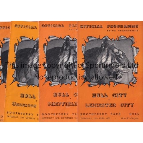 465 - HULL CITY   Eight home programmes 1952/53 v Leicester, Sheff. Utd., team changes and scores entered,... 