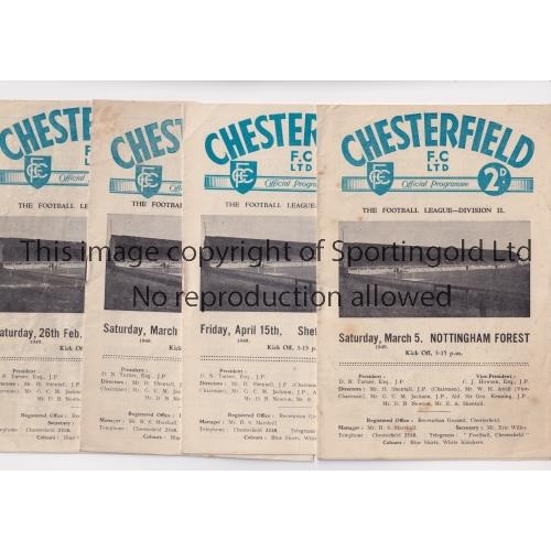 475 - CHESTERFIELD      Ten home programmes from 1948/49 v Huddersfield Town, Cardiff City, Fulham, Brentf... 