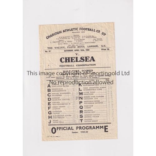 514 - CHELSEA      Single sheet programme for the away Football Combination match v Charlton Athletic 15/4... 