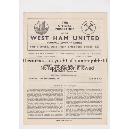 532 - WEST HAM UNITED V FULHAM 1954     Programme for the Combination Cup tie at West Ham 2/9/54.     Good