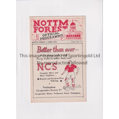 612 - 1952 NOTTINGHAM FOREST V LEEDS UNITED   Programme for the match at Nottingham Forest on 11/4/1952.  ... 