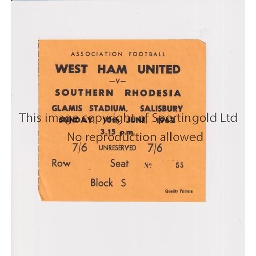 625 - 1962 SOUTHERN RHODESIA V WEST HAM UNITED   Scarce ticket for the friendly match in Rhodesia on 10/6/... 