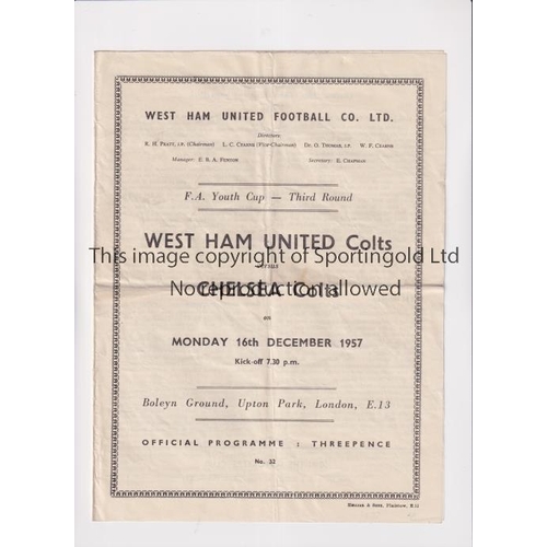 645 - CHELSEA   Programme for the Youth Cup match at West Ham United on 16/12/1957. Folds. Includes Moore ... 