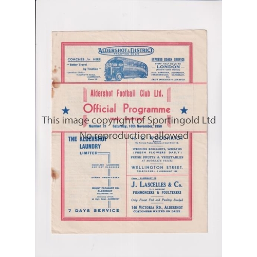 649 - 1950 ALDERSHOT V MILLWALL   Programme for the match at Aldershot on 18/11/1950. Rust marks.   Fair