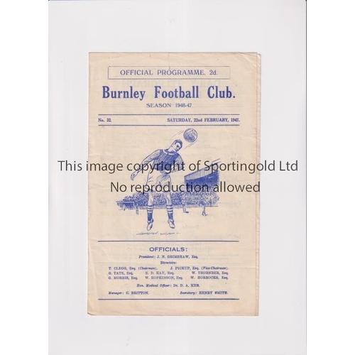 673 - BURNLEY V SHEFFIELD WEDNESDAY 1947      Programme for the League match at Burnley 22/2/1947, slightl... 