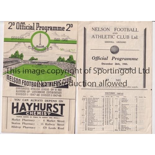 677 - NELSON F.C.     Two home programmes v Fleetwood 26/12/1946 and Bacup Borough 24/8/1948, slightly cre... 