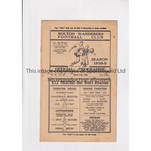 724 - BOLTON WANDERERS V DERBY COUNTY 1939    Programme for the League match at Bolton 25/3/1939. Slightly... 