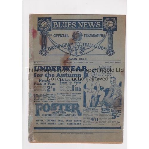 740 - BIRMINGHAM V ARSENAL 1930            Programme for the match at Birmingham 27/9/1930. Tape repair on... 