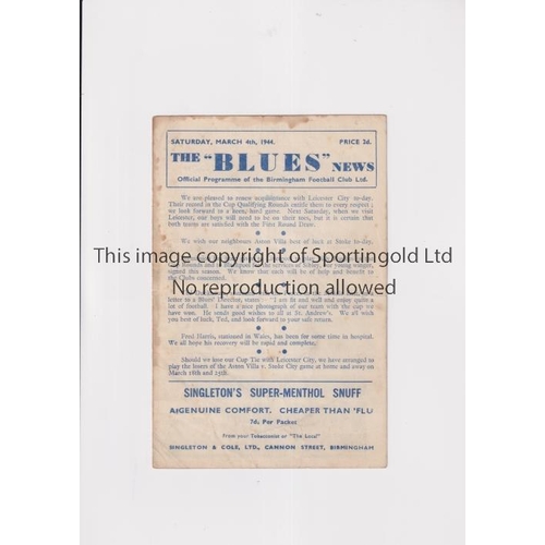 748 - BIRMINGHAM V LEICESTER CITY 1944 FL NORTH CUP             Programme for the cup tie at Birmingham 4/... 