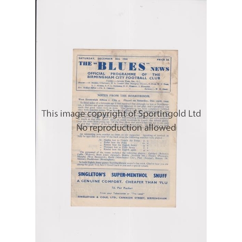 749 - BIRMINGHAM CITY V WALSALL 1944            Programme for the match at Birmingham 30/12/1944. Slightly... 