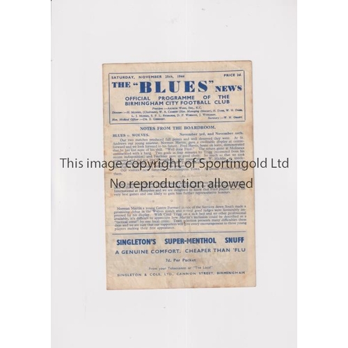 751 - BIRMINGHAM CITY V WALSALL 1944                 Programme for the match at Birmingham 25/11/1944. Sli... 