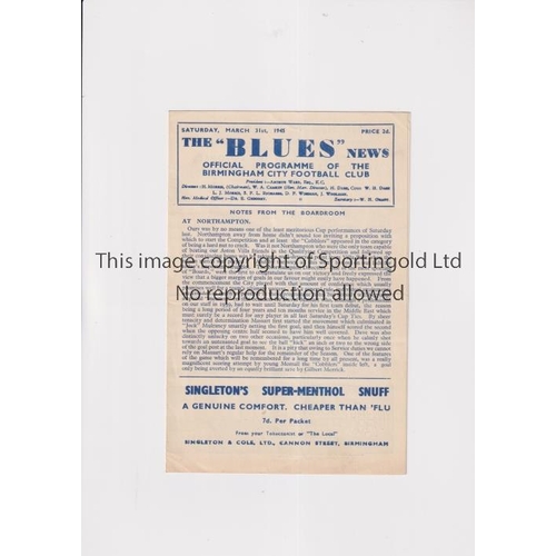 756 - BIRMINGHAM CITY V NORTHAMPTON TOWN 1945                 Programme for the match at Birmingham 31/3/1... 