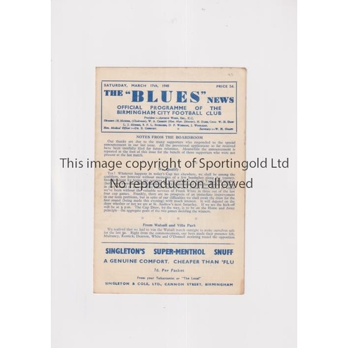 758 - BIRMINGHAM CITY V ASTON VILLA 1945              Programme for the match at Birmingham 17/3/1945. Sli... 