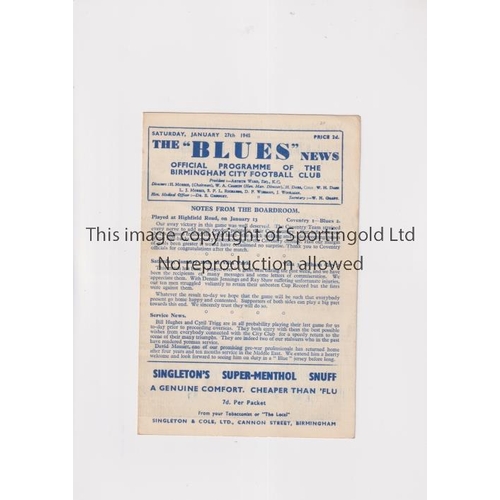 760 - BIRMINGHAM CITY V ASTON VILLA 1945             Programme for the match at Birmingham 27/1/1945. Team... 