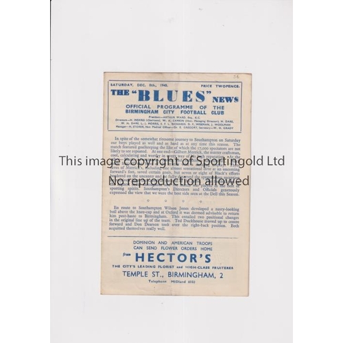 762 - BIRMINGHAM CITY V SOUTHAMPTON 1945              Programme for the match at Birmingham 8/12/1945. Ver... 