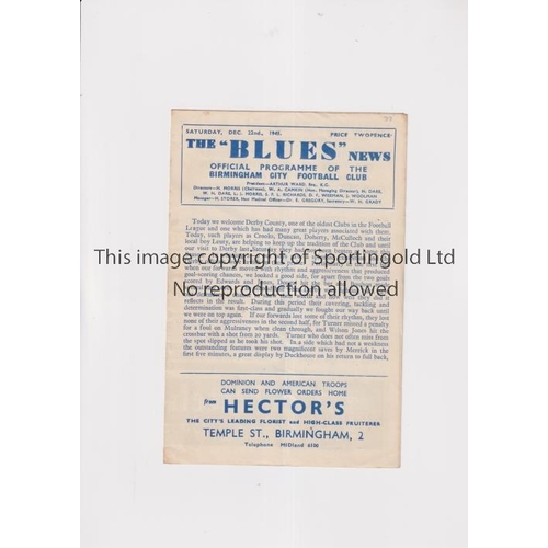 763 - BIRMINGHAM CITY V DERBY COUNTY 1945             Programme for the match at Birmingham 22/12/1945. Sl... 