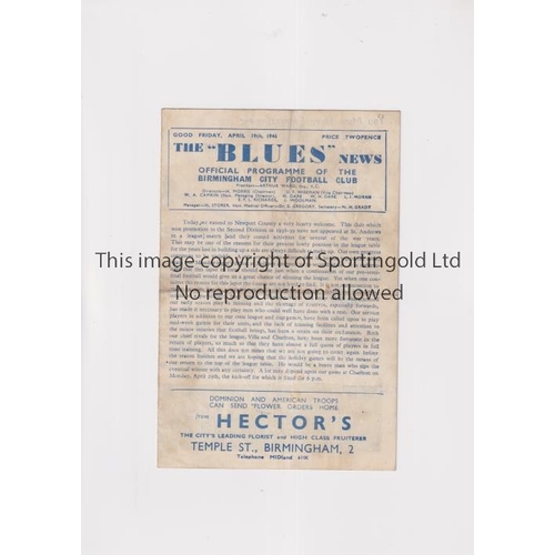 768 - BIRMINGHAM CITY V NEWPORT COUNTY 1946             Programme for the match at Birmingham 19/4/1946. H... 