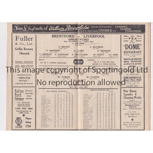 792 - BRENTFORD V LIVERPOOL 1938      Programme for the match at Brentford 19/3/1938, vertical crease. Gen... 