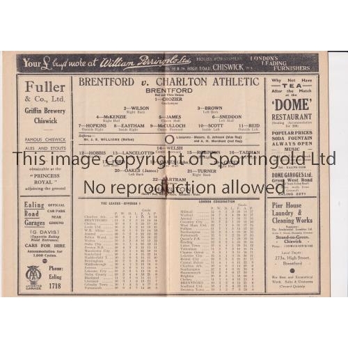 795 - BRENTFORD V CHARLTON ATHLETIC 1937     Programme for the match at Brentford 16/10/1937, very slightl... 