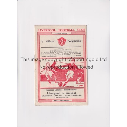 926 - ARSENAL     Programme for the away League match v Liverpool 18/11/1950, slightly creased and rusty s... 