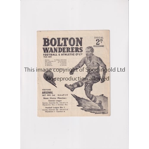 927 - ARSENAL     Programme for the away League match v Bolton Wanderers 2/12/1950, slightly creased.    G... 