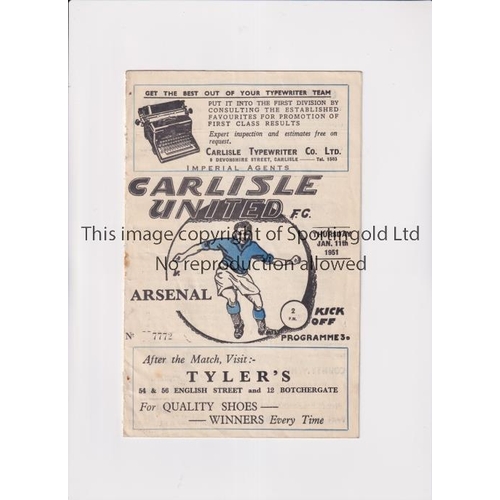 928 - ARSENAL     Programme for the away FA Cup Replay v Carlisle United 11/1/1951, slightly creased, slig... 