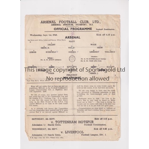 933 - ARSENAL     Single sheet programme for the home Football Combination match v Millwall 1/9/1948, fold... 