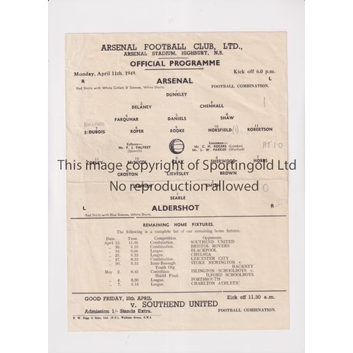 934 - ARSENAL     Single sheet programme for the home Football Combination match v Aldershot 11/4/1949, sl... 