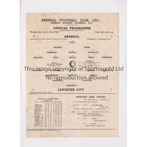 935 - ARSENAL     Single sheet programme for the home Football Combination match v Leicester City 27/4/194... 